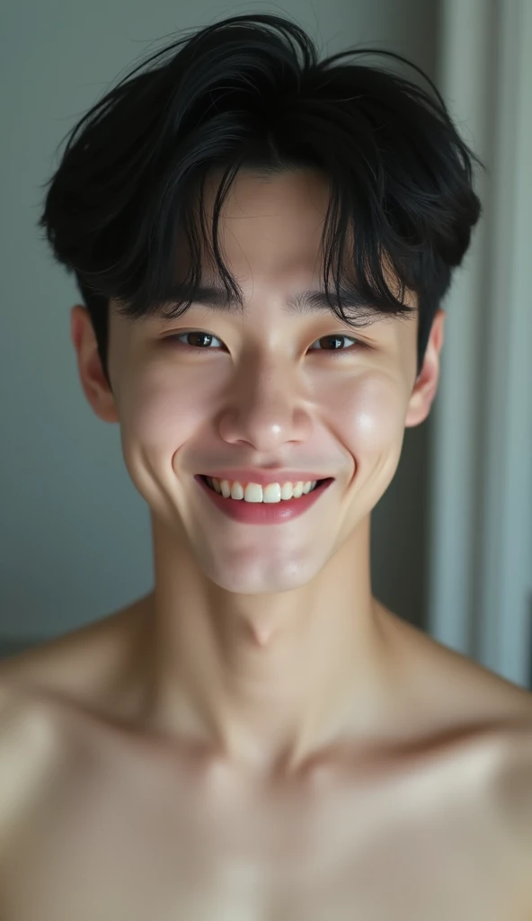 20 year old Indonesian man naked, in the bathroom, looks like a big penis and a lot of hair, the man is facing forward smiling and holding his penis. 