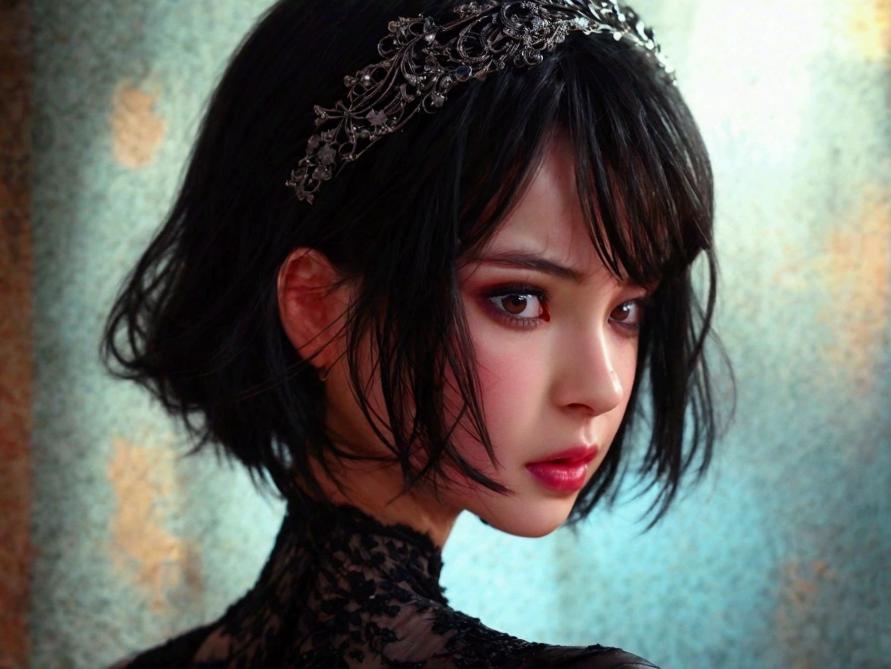 Female figure, She wears intricate Visual Kei Gothic Lolita outfits.,Gothic Makeup, The perfect blend of elegance and rebelliousness. His outfit features a gorgeous lace combination.., corset, Elaborate accessories, A Victorian top hat adorns his head.., Ornately decorated. dark, His hair flows down to his shoulders, Add an air of mystery. Dark eyeliner makes your eyes stand out, Complete the avant-garde look. This woman is the embodiment of visual kei gothic lolita..、It creates a theatrical and decadent atmosphere.., Challenging traditional fashion norms with a captivating androgynous look.,Beautiful girls,Goth,(Highest quality, Very detailed, masterpiece:1.2), Female: 1 person, very thin body, length, Thin legs, ((Black layered short hair:1.2)), ((Thick and fluffy bangs)), Very detailedな顔,A faint smile, small, Thin Nose, small thin mouth, Extremely sharply focused eyes, Japanese, Beautiful Face, Realistic eyes, Beautiful and beautiful eyes, Realistic Skin, Beautiful Skin, charm, (Lively Faces),