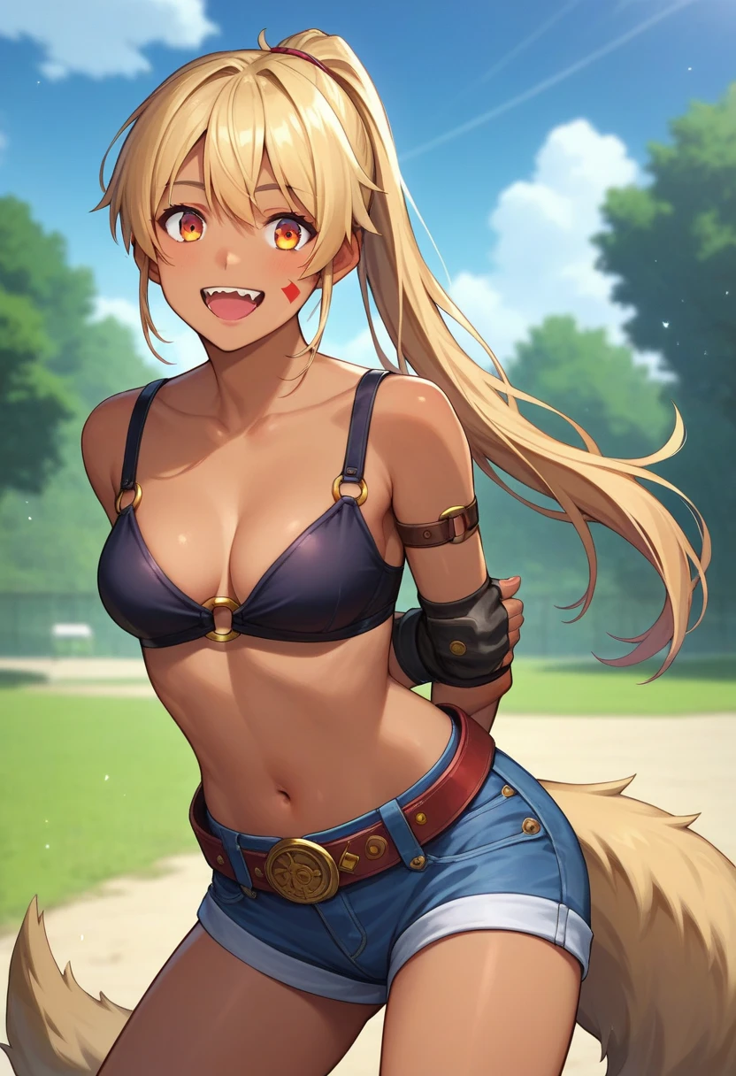  score_9,  score_8_up,  score_7_up, sauce_Anime, Alone,  1 girl, Pokanrir ,  dark skin tone ,  BEARD MARKING ,  happy ,  watching viewers ,  place your hands behind your back ,  ponytail, O-ring top,  medium breasts, Belt bra, Fingerless gloves,  denim shorts ,  detailed background with white knee-high , Wolf&#39;s Tail 