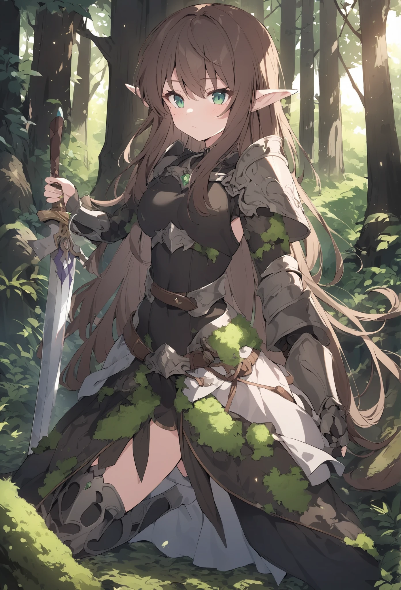 an elf woman, brown hair, 26 years old, emerald eyes, dressed in leather armor and moss, a simple sword, forest setting, exuding great magic