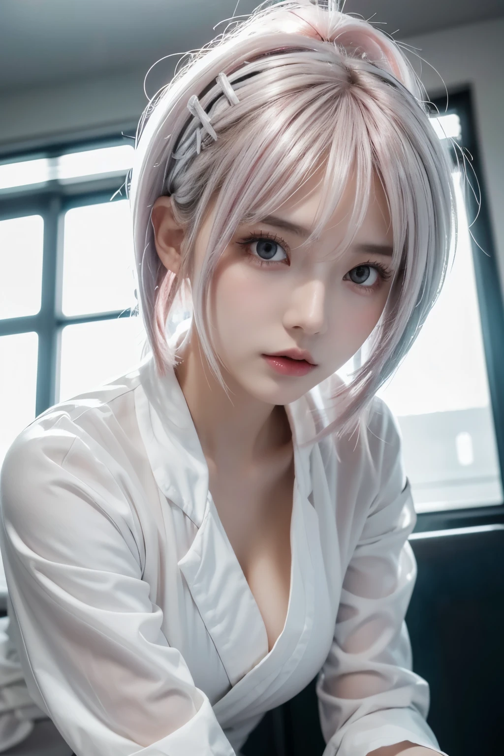 nurse, wearing white nurse uniform, wearing white nurse cap, gothic ta-like fashion, standing next to the examination table, looking up from below, very angry look, look of temptation, shiny silver and pink hair, pompadour hairstyle, twisted bangs, hair is shaggy and dishevelled, silver eyeblow, slendar figure, beautiful white-colored translucent much exposed skin, no makeup, shot from directly below, {realistic}, {cinematic}, {photogenic}, {detailed rendering}, {cinematic lighting}, {vibrant colors}, {photorealistic}, {best quality}, {8k}, {hyperdetailed}