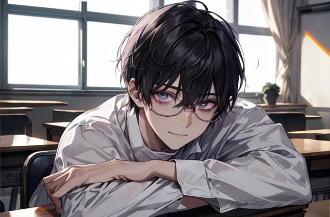 1 male，Short detailed hair，Black hair color，（Eyes 1：2， Clear Eyes ，A sophisticated eye，Delicate eyes，Pictures of attractive Japanese women with good eyes ，Eye details）， face focus ，adult， black turtleneck， best quality， facial details ，‎， sitting at a desk ， sitting on the sofa ，sloth， detailed background， Soft Sunlight， depth of field，study　Smiling at your desk{ face up}、smile、Purple Eyes、adult、紺色のtie、 face up、1人のadultしい男、teacher、Demonic、Downer、Laugh a little、 shirt 、tie、{With bangs}、Dark Classroom、Put your elbows on the desk、Holding a test tube、{Dark atmosphere}、Hold a test tube in your hand、 zitales、 Suspicious Atmosphere 、adult、{Years}、{adult、Glasses}