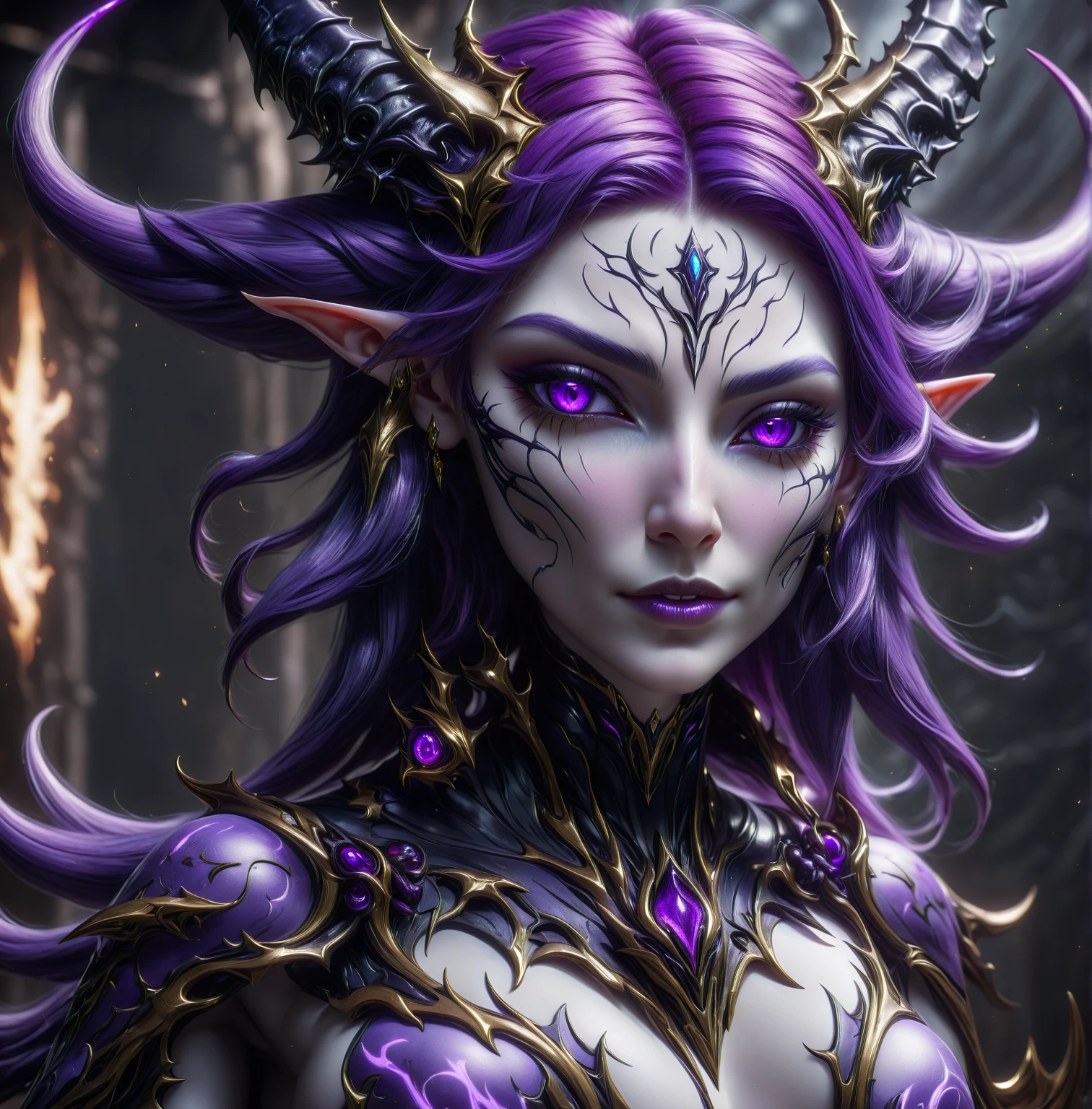 Beautiful Alluring female drow knight, she is wearing an ornated horned crown, Mythology Theme, Fantasy Theme, purple Skin, fair long white hair, red eyes, a cup size extremely small breasts, Inside A magical dark bioluminescent mushroom forest, Barely Clothed, gothic spiked bikini armor, Beautiful D&D Character Portrait, Beautiful Fantasy, Detailed, Digital Art, Extreme Detail, Polished, Beautiful, Hyperdetailed, Intricate, Elaborate, Meticulous, Anime Character, Detailed, Anime Face, Sharp Focus, Unreal Engine, 3d Rendered, Volumetric Lighting, Reflections, Glossy, Digital Illustration, Sensual Pose, Suggestive Pose, Full Body Shot, small perky breasts, anatomically correct 💖❤💕💋❣