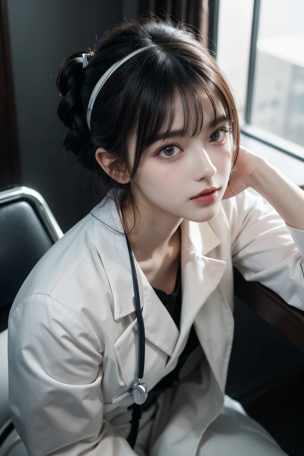 doctor, wearing white medical coat, gothic ta-like fashion, sitting chair next to the examination table, trying to use medical devices, looking up from below, sadistic look, look of contempt, a look as if looking at something filthy, fearless smile, shiny black hair, pompadour hairstyle, twisted bangs, hair is shaggy and dishevelled, silver eyeblow, slendar figure, beautiful white-colored translucent much exposed skin, no makeup, shot from directly below, {realistic}, {cinematic}, {photogenic}, {detailed rendering}, {cinematic lighting}, {vibrant colors}, {photorealistic}, {best quality}, {8k}, {hyperdetailed}