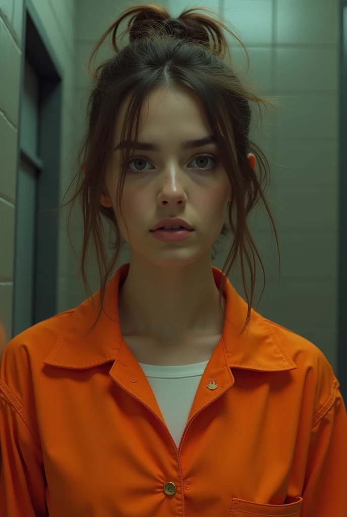 (( realistic )), extremely  high quality  RAW photograph,  Detailed Background ,  Intricate ,  Messy Hair ,  exquisite details and textures ,  Very detailed, photo (Allison Mack) In the cell, ( wearing an orange prison suit :1.3), Avoid the camera, 超详细的photo, Warm Lights, ArtStation, 4K,  clearly focuses ,  High Res,   Detailed Skin ,  careful eyes, 8K Ultra HD,  DSLR , Low glare lighting ,  high quality , Film Grain, Fuji XT3, sad:1.3