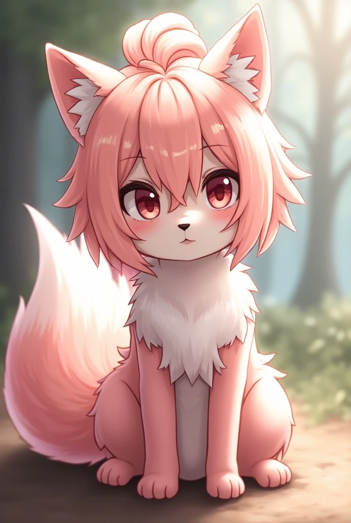 kemoshota, short statue boy,first person view, focus on face, standing in front of you, coming closer, low camera angle, High detail, fox tail, (one tail), (pink fur), fox ears, (pink fur), short hair, (pink hair), Standing at the entrance to the cherry blossam, Lean forward slightly, hands on knees, ager, Tall, dynamic angle