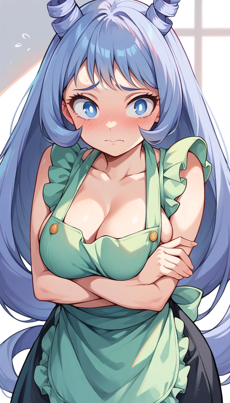 nejire hadou, blue eyes, blue hair, long hair, large breasts, posing embarrassed, red face, embarrassed, Ashamed, Suspender Naked Apron 