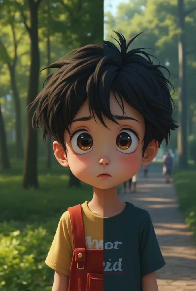 8 year old boy, in the enchanted forest, simple clothes, Pixar style