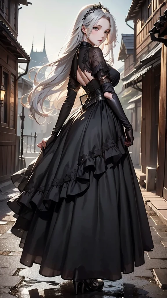 masterpiece, Best Quality,  very detailed,  outdoor , nature ,{ simple background},Reflective water,  girl, black armor、Gothic, Look Away , silver hair, amount、 Long Hair, Droopy eyes, Pale skin,  Beautiful breasts, {One moon shines completely round} , in the evening,  nostalgic atmosphere , Anime related ,   full body shot , Right side,  from behind, Golden Ratio, night, Directional light ,  blurry background in focus , dark_indigo