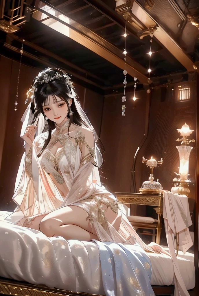 precise,  high detail ,  Very Detailed ,  European Palace Bed Room ，Ice Goddess , Bangs, long hair, Smile, wears European wedding dress， Textured Skin ,  by the Bedside ， looking at the public