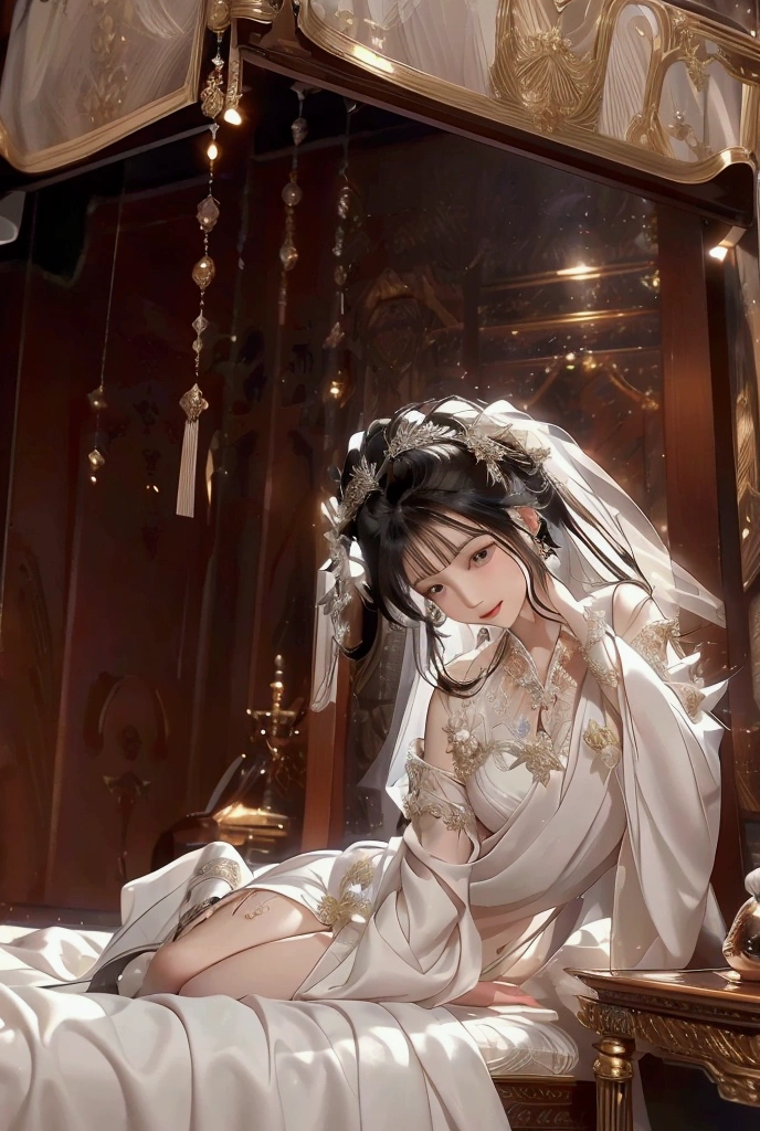 precise,  high detail ,  Very Detailed ,  European Palace Bed Room ，Ice Goddess , Bangs, long hair, Smile, wears European wedding dress， Textured Skin ,  by the Bedside ， looking at the public