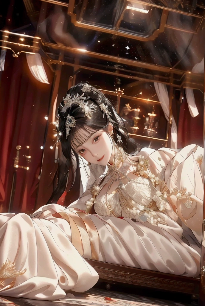 precise,  high detail ,  Very Detailed ,  European Palace Bed Room ，Ice Goddess , Bangs, long hair, Smile, wears European wedding dress， Textured Skin ,  by the Bedside ， looking at the public