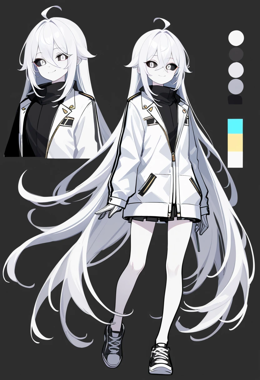 Girl with long thin white hair, White Skin Skin, Slim, beatiful face, little chest, wearing black jeans and a white t-shirt, white sneakers, Full-length, Character Sheet, Three Front, Side, Back Views