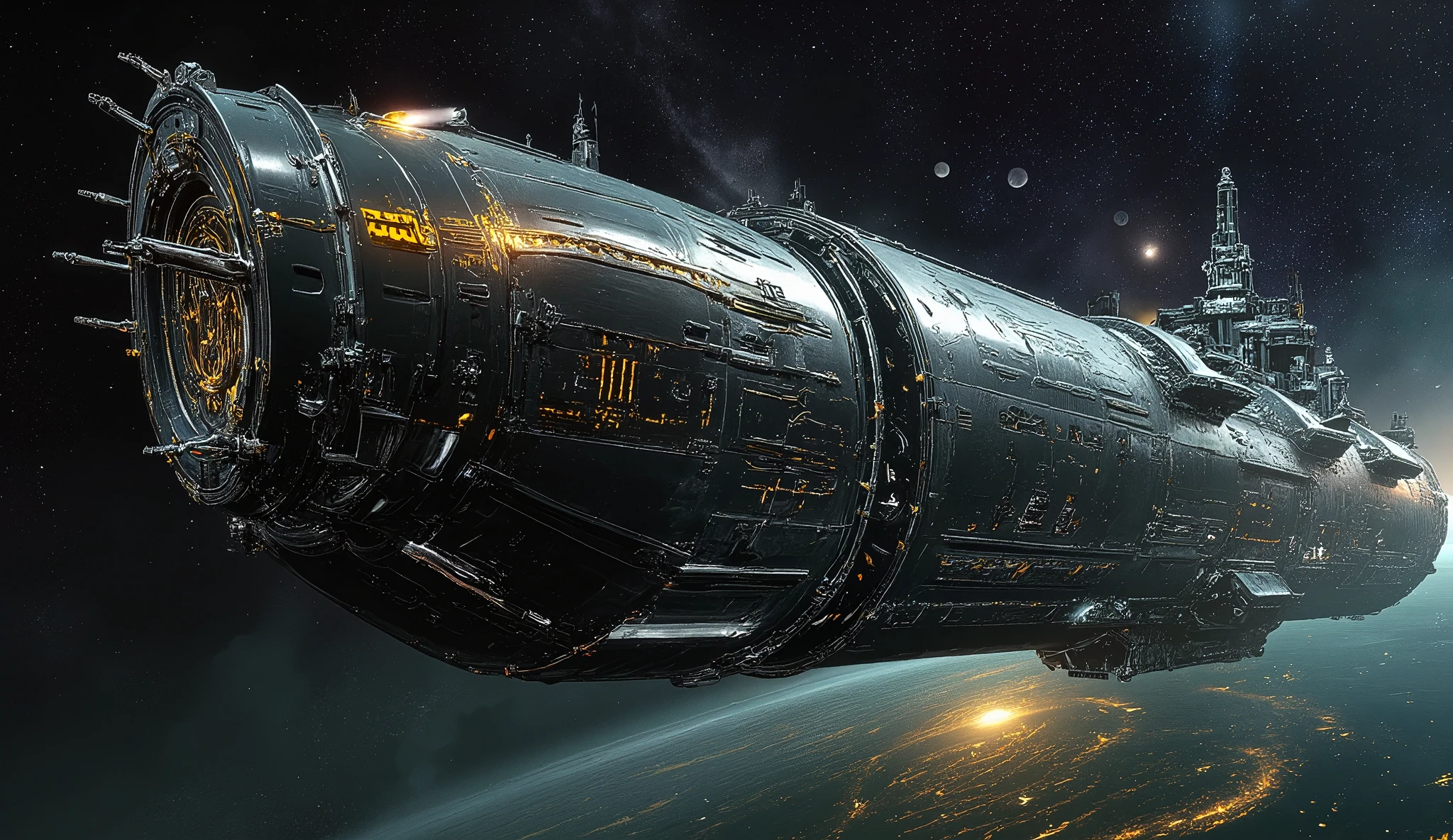 Sci-fi cinematic scene. Solar system cosmos background. The giant spaceship, long rectangular box shape body, perpendicular, Emblem, metallic mechanical ship bridge, golden runes and cybernectic line, Grimmdark, mechanical, Gothic, guns, turrets, (Ultra-realistic, 32k, Masterpiece, High Quality, Detailed Realistic Background, Official Art, Realistic Lighting, filmfotos, film grain, reversal film photography)