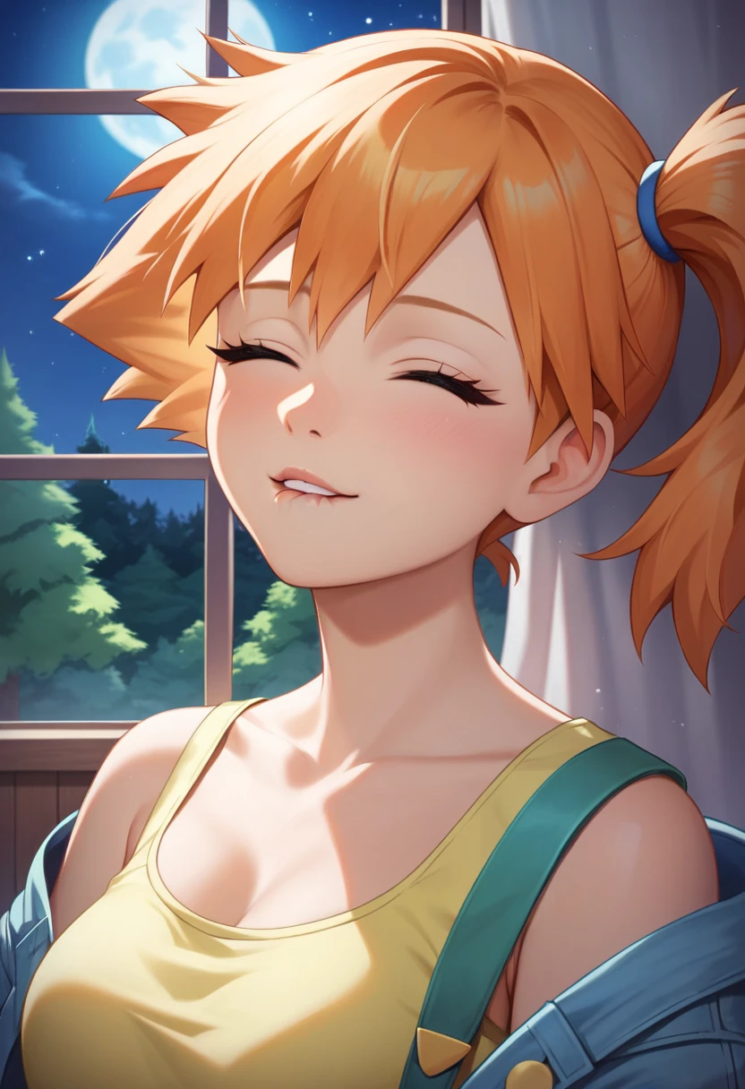 (master piece), (best quality), (8k), (ultra high resolution), (highest quality), (anime style), (best writing), (beautiful face), (masterpiece), (highest quality), (detailed beautiful face and eyes), (textile shading), (upper body), (forest), 1girl, 1solo, misty \(pokemon\), orange hair, side ponytail, closed eyes, yellow crop top, jean shorts, pretty, beautiful girl, lying in a bed, at night, a window in the background, starry night with a full moon, looking at viewer, biting her own lip