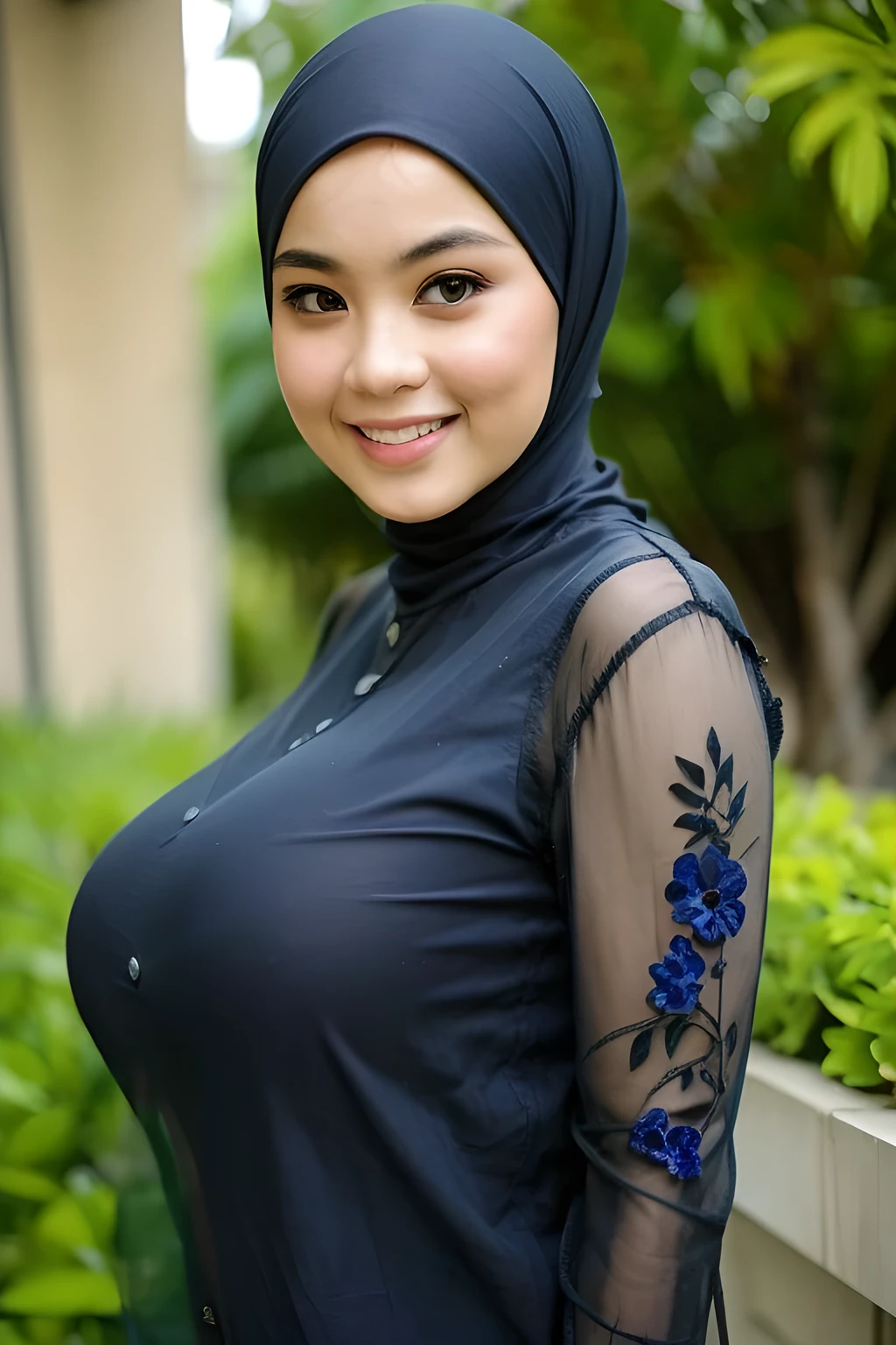 Chubby adorable, 1 girl, (face to face), , *********, happy, half body portrait, (face details: 1), (eye details: 1), ((big breasts)). wearing transparent transparency soft soft long shirt, hijab, .. Cute posed. proportional body. Ultra High Res. realistic: 1.4, UHD, (floral pattern), view from side seductive pose 