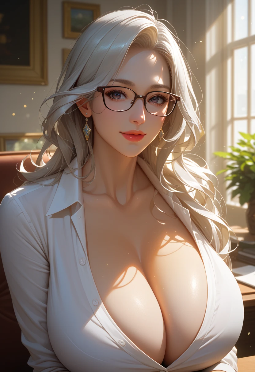 (8k,  of the highest quality , masterpiece: 1.2), ultra detail,  of the highest quality ,  ultra high resolution,  professional lighting ,  photon mapping , radiosity, Physically Based Rendering,  depth of field , focusing, sun rays, good composition, (bokeh effect: 1.2),  a beautiful mature goddess , milf, sexy mature secretary , glasses, (((huge chest: 2.0))), expressão Sensual, long silver hair, loose hair, Sensualidade, close up view, close-up, Sensual,  inside the office