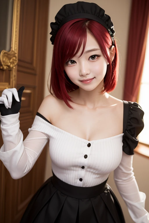 (masterpiece),  tall averages, has, maid, long sleeves, Gloves, dress, black dress, skirt, black skirt, clavicle, Red hair,  close, Looking at the camera, :3, bright, showy, happy 