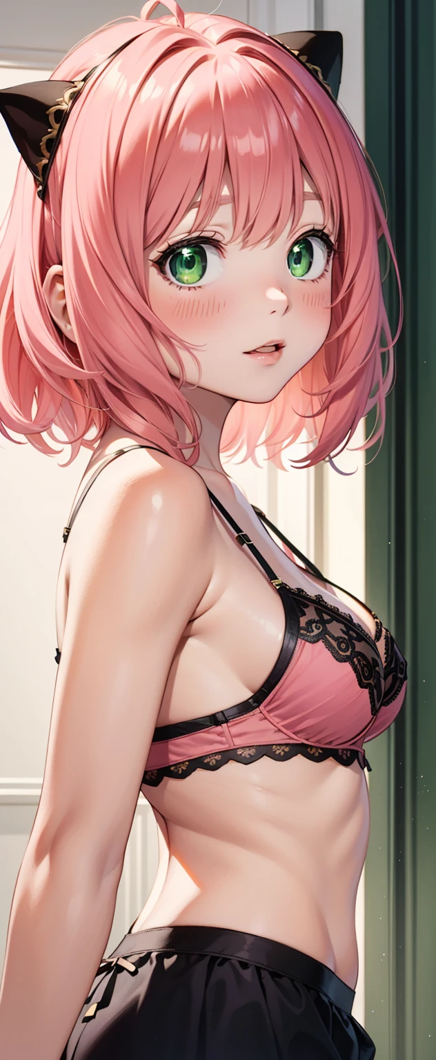 masterpiece,  lyrics, 8K, ultra detailed, detailed face,  medium breasts, Standing, blush, bright eye, (detail of the face), anya forger ( lingerie :1.5) ( green eyes ) (pink hair) ( medium hair) (very low cut) (diadema de orejas de gato negra)