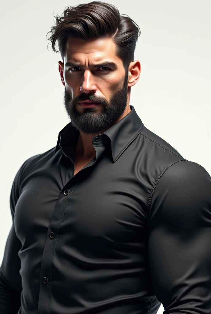 Create a character with teeth clenched, ten mens, black hair with a ponytail with an understanding shirt, well-groomed beard and mustache, handsome confident face