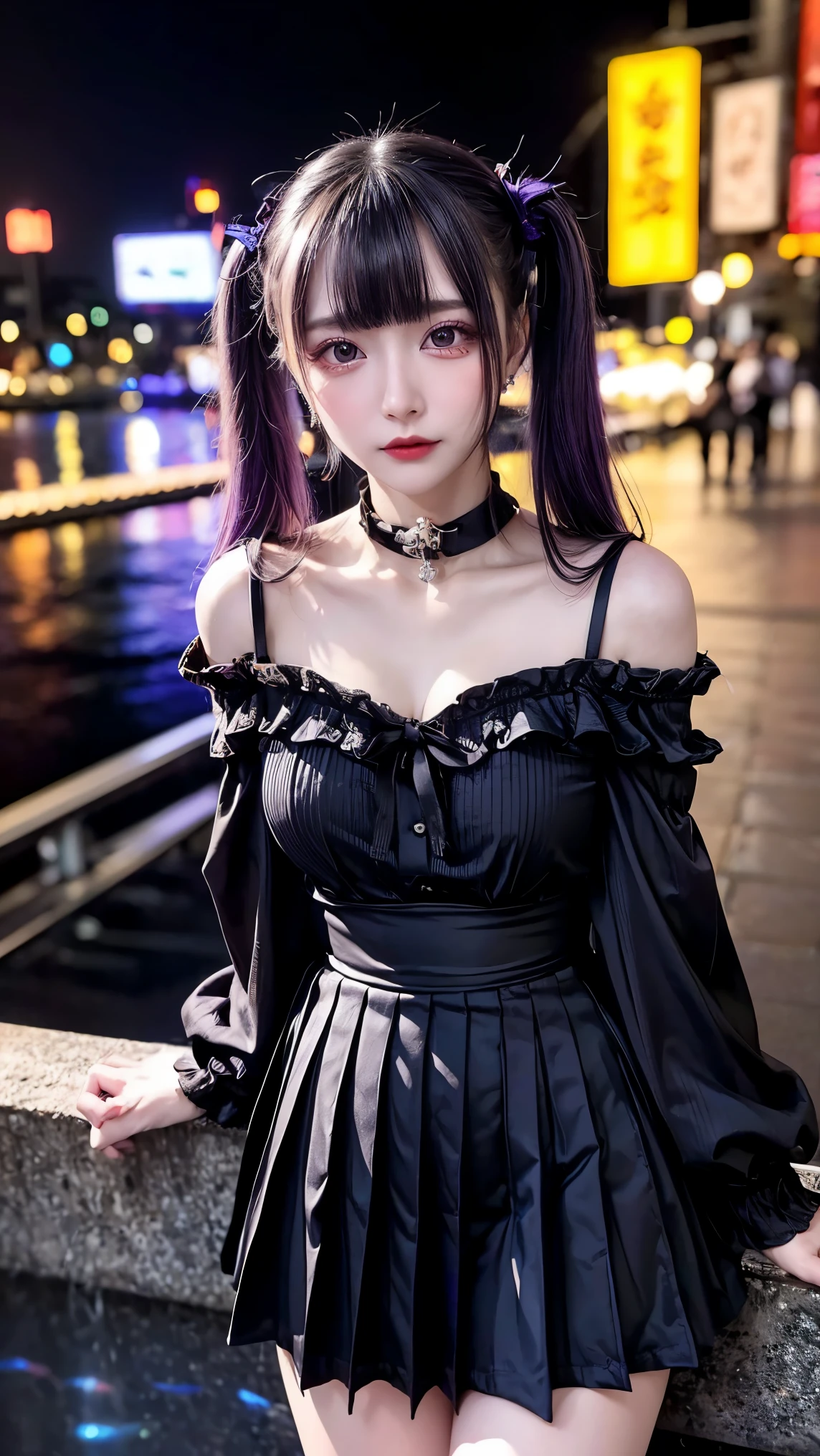 photo shoot, masterpiece, Best Quality, 8k, Hi-Res, Hi-Res, absurd:1.2, Kodak Portra 400, Film Grain, Blurred Background, Bokeh:1.2, lens flare , ( Vivid Colors:1.2), 1 girl, purple eyes, Movie Lighting、Purple and Black Hair 、(Landmine Girl、 Heavy makeup)、( earrings for a woman alone、たくさんの earrings for a woman alone)、((Heavy makeup、, growing skin 、 Realistic Skin Textures 、Beautiful Skin))、 Blue Movie Picture 、( full shot :1.8),Thin arms、Narrow shoulders、 thin waist、Slender body、(( small breasts)), whole body,gothic,Sailor collar,lottery, off shoulder,Lace skirt,lottery short dress , choker,cross, twin tails, Long Sleeve ,alternate hair color, Purple and Black Multicolor Hair ,{{{alternate hair color}}}, Purple Hair, Black Hair ,{{{ purple streaked hair ,}}},(Aquarium date at night:1.3)