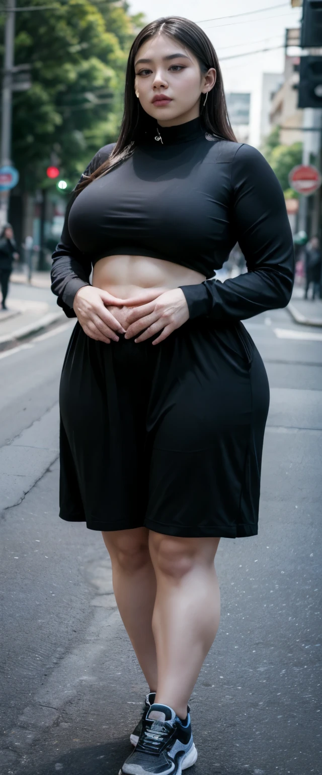 1 chinese-Indonesian girl, modern plain hijab, shy, medium portrait, watery eyes, ((small breasts)), black bokeh background, well-proportioned body,, chubby massive thighs, full body pose, Hena art on the body, hena art on arms, full body view , wearing red sneakers , fat legs, small cleavage