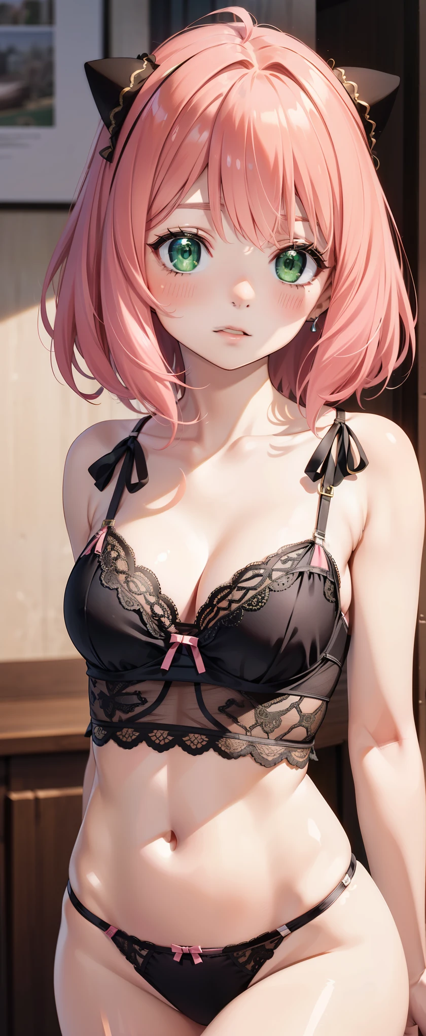 masterpiece,  lyrics, 8K, ultra detailed, detailed face,  medium breasts, Standing, blush, bright eye, (detail of the face), anya forger ( lingerie :1.5) ( green eyes ) (pink hair) ( medium hair) (very low cut) (diadema de orejas de gato negra)