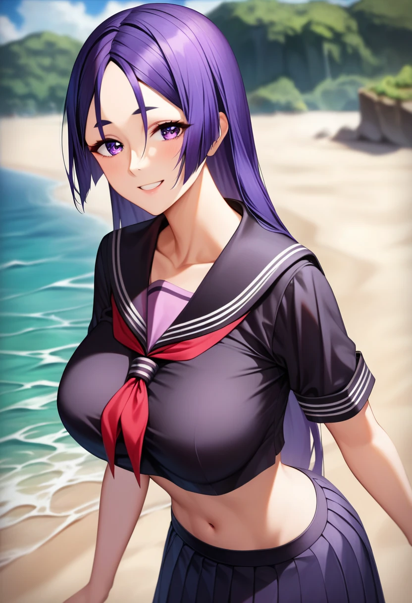 (Masterpiece, Ultra-high resolution, 8k, High Quality, Top quality, High-Detailed, Detailed CG, Cinematic Shadow:0.5, Beautiful Detailed Eyes, Ultra Resolution, Depth of Field, High Resolution, Masterpiece: 1.2), (Anime Art style), (cowboy shot), (Beach:1.4), 1girl, solo, raikou, parted bangs, purple eyes, purple hair, long hair, hime cut, forehead, black sailor collar, black serafuku, black shirt, collarbone, crop top, crop top overhang, cropped shirt, long skirt, midriff, navel, neckerchief, pleated skirt, red neckerchief, sailor collar, school uniform, serafuku, shirt, skirt, large breasts, beautiful breasts, smile, sexy pose,