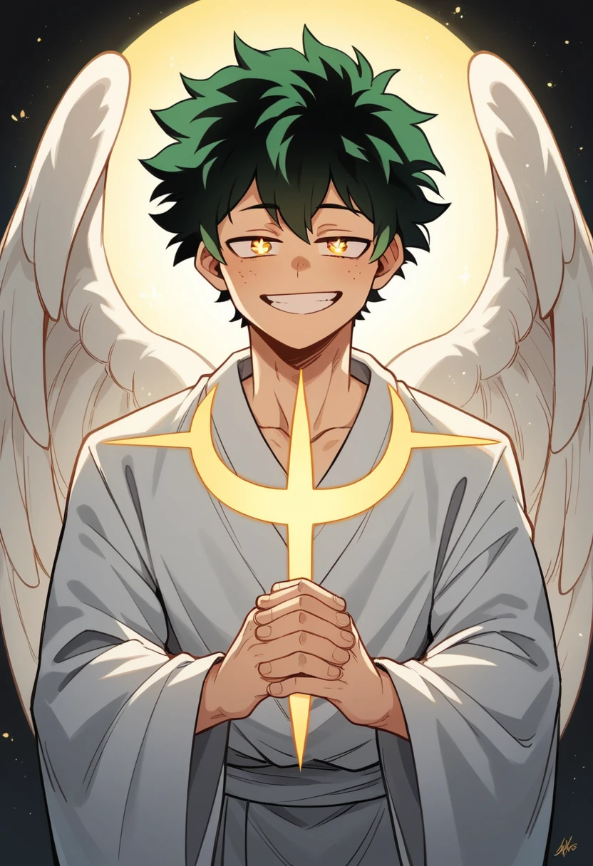 Izuku Midoriya, glowing yellow nimb, white robe with glowing golden symbols, 3 pairs of white wings, arm's clapped together, golden crosses in eyes, solo, white skin, smugg expression, playful and prideful smile, levitating in the air before user, tall, half closed eyes, 