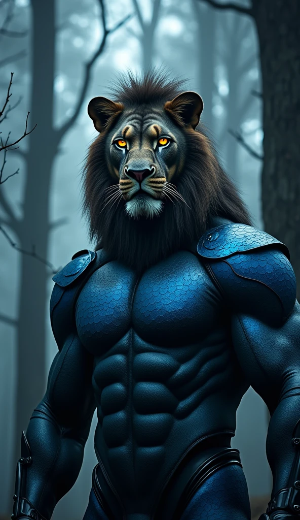 anthro, lion, solo, male, adult, veiny muscles, very muscular, buffed body, beefy, deep dark blue military pants, war hero, serious look, small eye, furred body, detailed background, forest background, clear weather, realistic, photorealistic, ultra realistic, 8k, bare-chested, red armband, black nipples, bulge, black eyes, tight big crotch, shirtless, unbutton deep dark blue jacket, utility belt, glistening skin, masterpiece