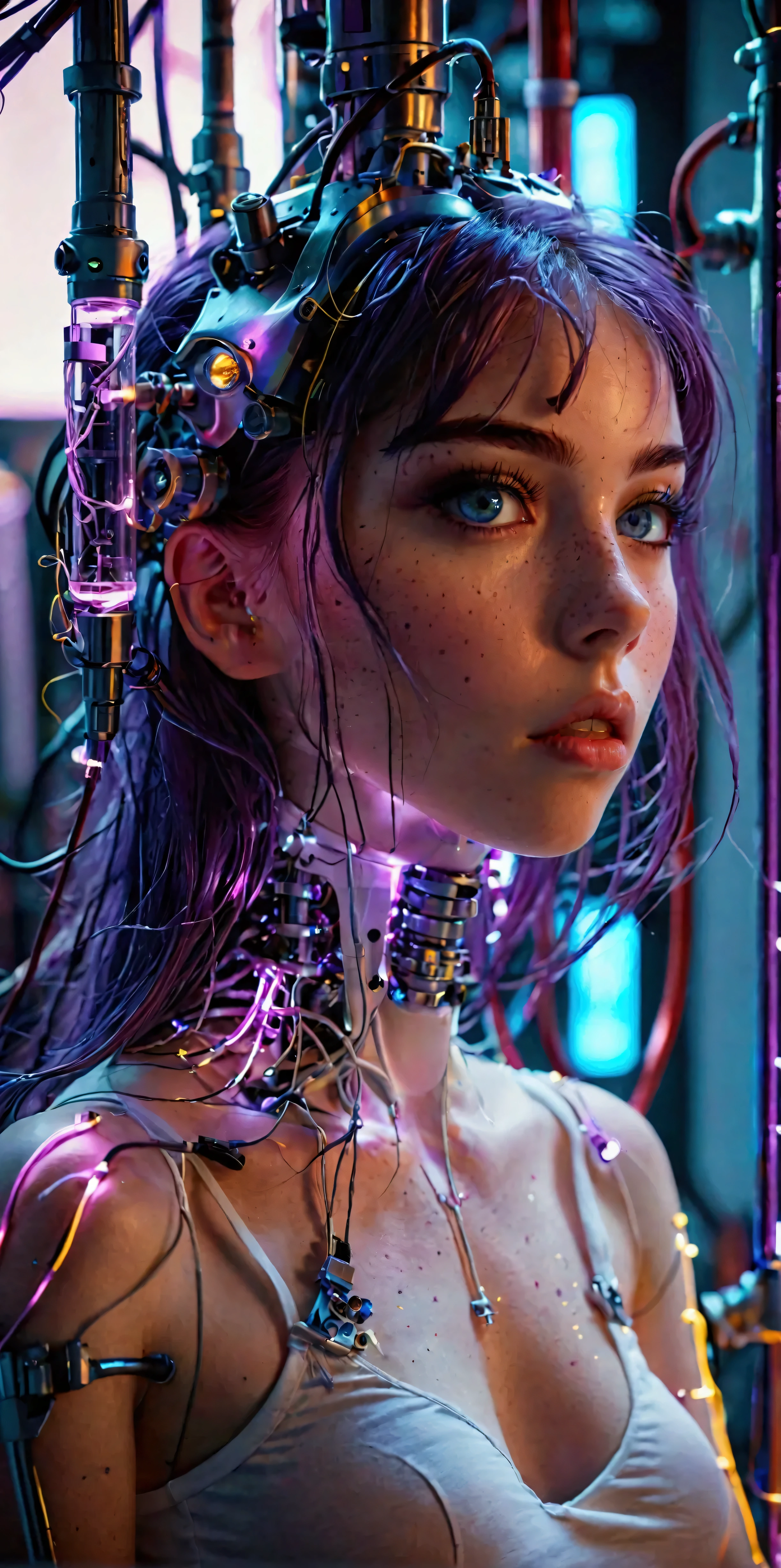 best quality,4k,8k,highres,masterpiece:1.2),ultra-detailed, vibrant color, 8K, ultra HD 1girl, beautiful detailed eyes, beautiful detailed lips, extremely detailed eyes and face, long eyelashes, vibrant purple hair, swept bangs, young woman in her 20s, 🤤 girl portrait, horty, freckles, Full front shot, cinematic light, 1mechanical girl, Hanging by wires and tubes, machine made joints, blood vessels connected to glowing tubes, mechanical vertebra attaching to back, mechanical cervical attaching to neck, sitting, glowneon, science fiction, white t-shirt, dark background