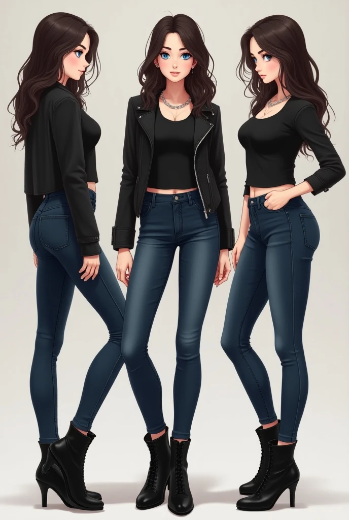 Detailed character sheet, Front view, Side view, Diagonal view, with a white returnground, show women, 21 years old, huge breasts, with short dark brown hair combed return, Wearing light fashion clothing, Wearing tight denim jeans. The seat includes different angles, Front etc., return, and Side views, Model sheets and reference sheets, Full-body painting. Proportions are based on a 7.5 head scale.