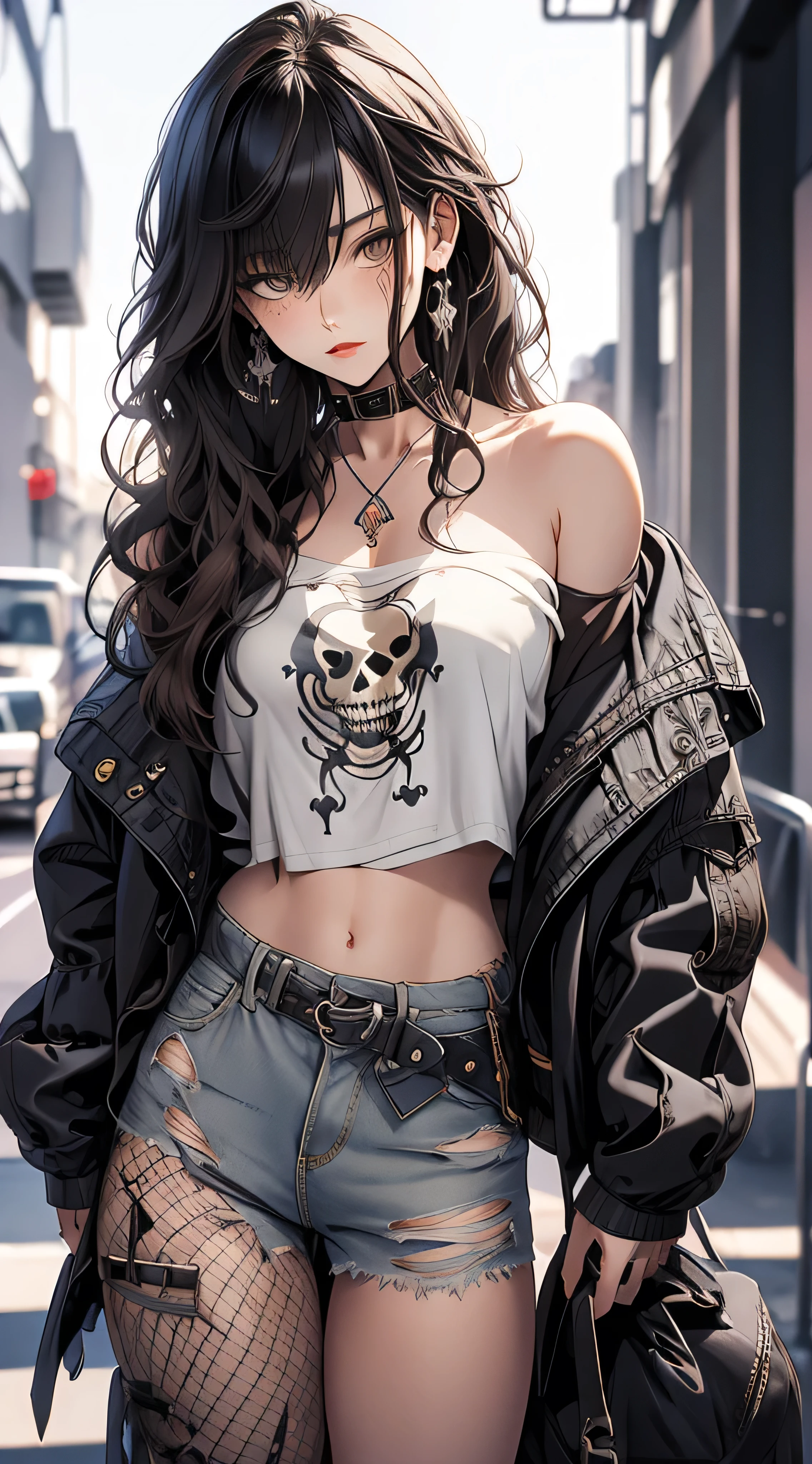 masterpiece, highest quality, pixiv, cooles Girl, the strongest pirate girl, Skull Fashion, dark brown hair, Curly hairs, blunt bangs, straight bangs, gray eyes, White skin, Girl, improve