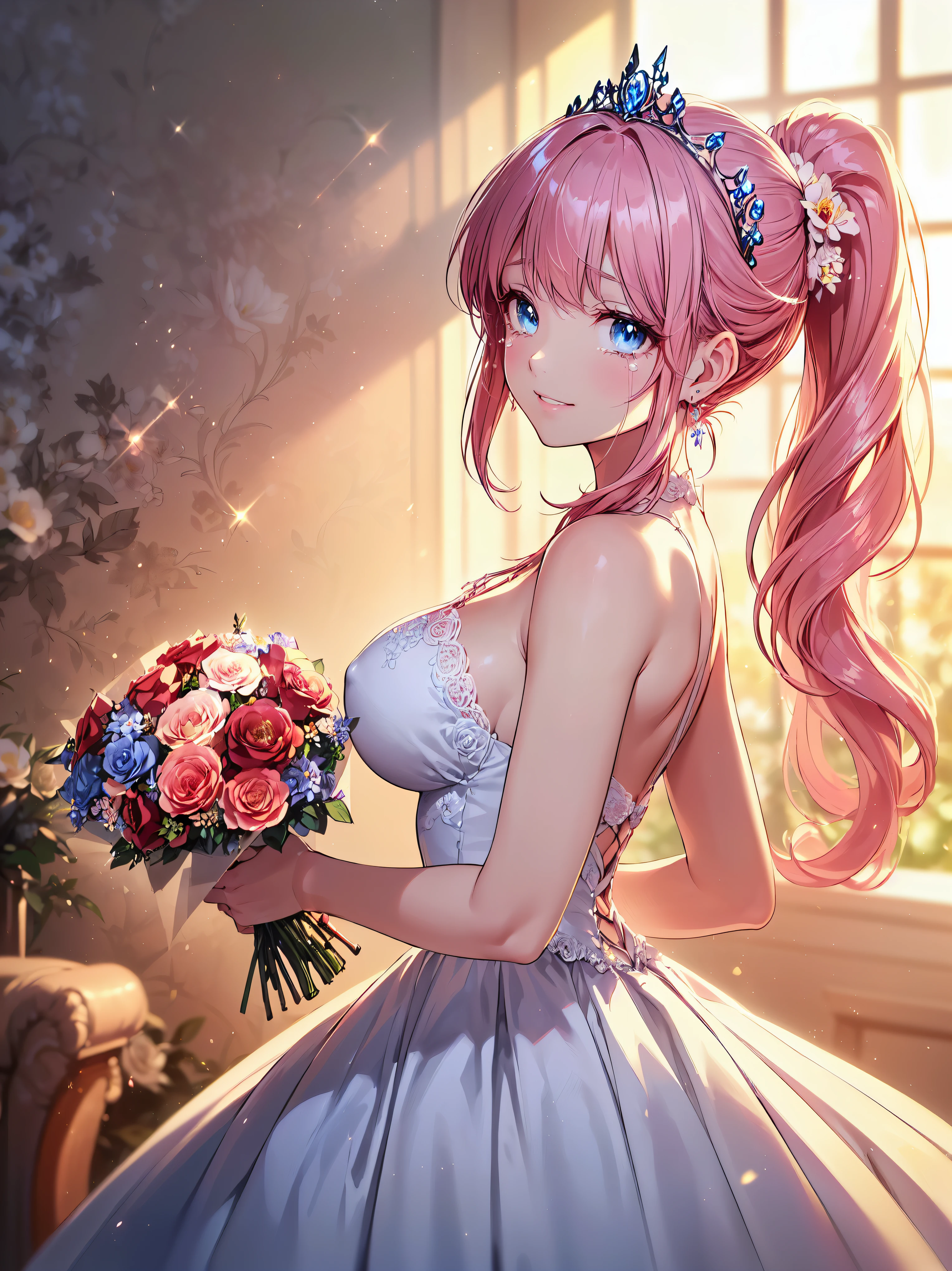 (((ultra detailed, highest quality, high resolution))), (((rococo victorian gown with volume and expanse pleated hoop skirt))), ((delicate lace, transparent satin fabric)), huge Breasts, breast focus, super detailed skin, (((solo young face princess))), 
BREAK 
(hair pink hair), (((fluffy long ponytail))), shiny hair, curly hair, asymmetry bangs, pretty jeweled tiara, crystal earrings, beautiful eyes, faint lips, delicate and beautiful face, ((beautiful happy smile and crying)), KAWAII face, 
BREAK 
(((looking at viewer, front view))), (holding a bouquet of flower:1.7), cowboy shot, beautiful and shiny marble floor, highly reflective floor, (backlighting:1.5), (depth of field, face focus), caustics, (floral background:1.5), (moe anime art style:1.3), ((soft focus:1.5)), (soft edge:1.5), (lens flare:1.3), (particle effect:1.2),