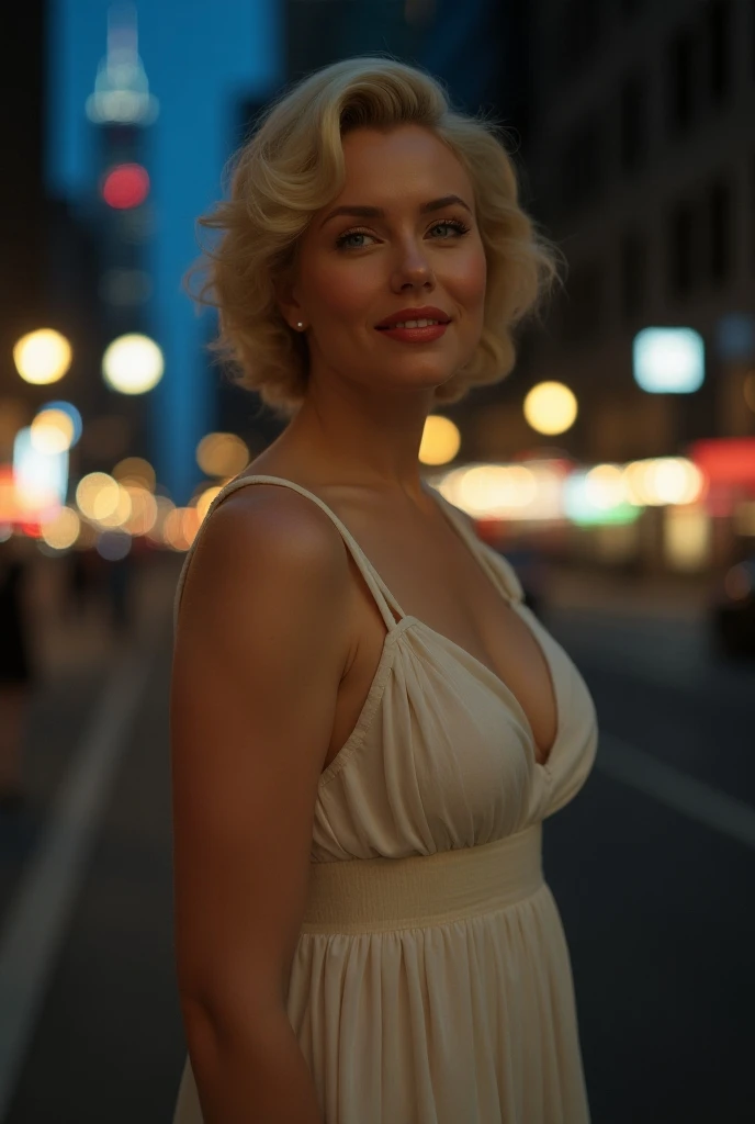 Colombian mature lady curvy fairly slender figure. She has blonde Frizzy curly hair , she has long curly hair and large pale green eyes, A picture of a girl showing background on a tourist trip to the Times Square NYC may suggest excitement, amazement, and beauty. The photo may show the stunning sunrise rising . The girl may be wearing a wide smile on her face, indicating the state of amazement and happiness she feels., cleavage exposed Sharp and realistic