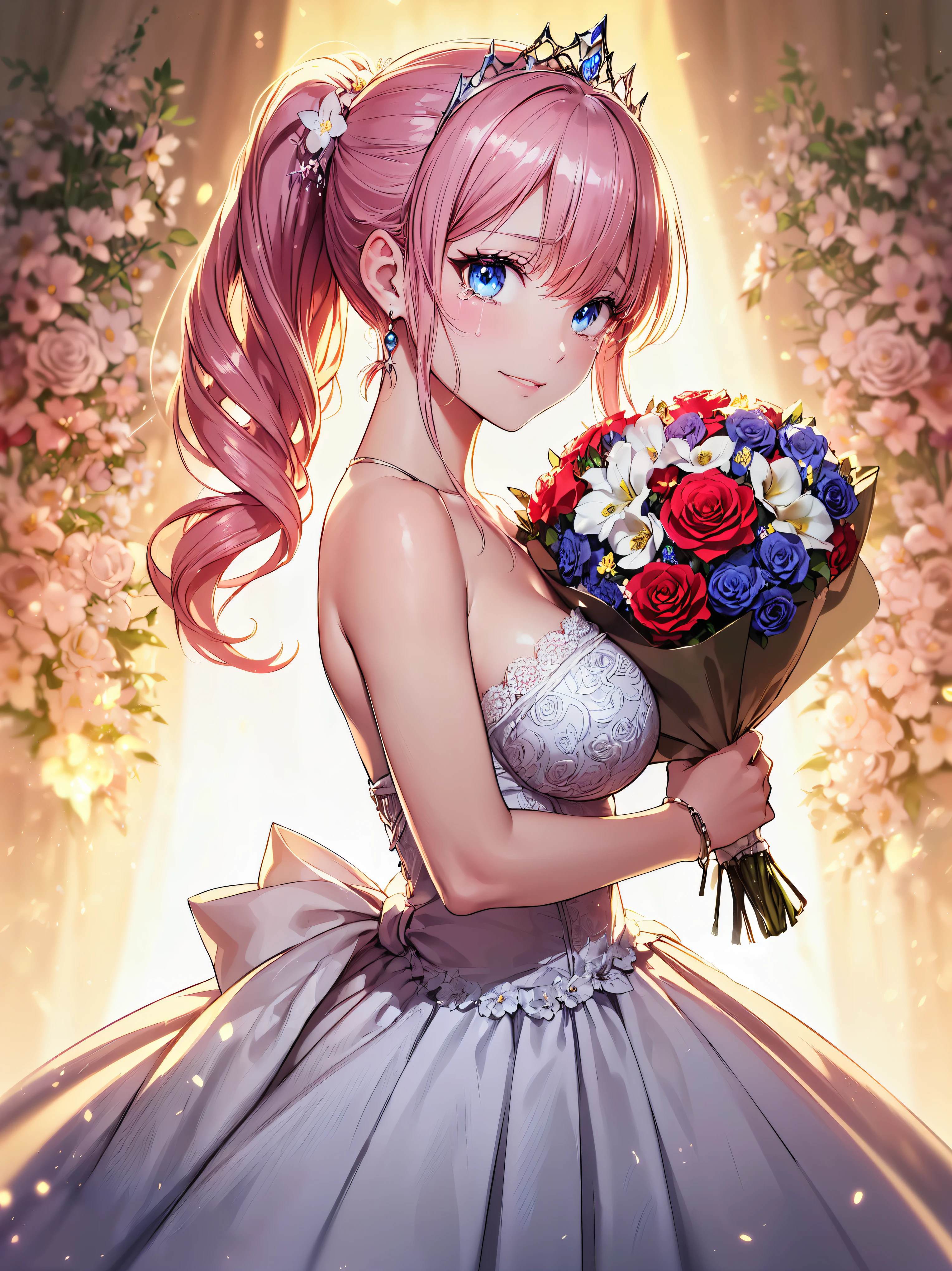 (((ultra detailed, highest quality, high resolution))), (((rococo victorian gown with volume and expanse pleated hoop skirt))), ((delicate lace, transparent satin fabric)), huge Breasts, breast focus, super detailed skin, (((solo young face princess))), 
BREAK 
(hair pink hair), (((fluffy long ponytail))), shiny hair, curly hair, asymmetry bangs, pretty jeweled tiara, crystal earrings, beautiful eyes, faint lips, delicate and beautiful face, ((beautiful happy smile and crying)), KAWAII face, 
BREAK 
(((looking at viewer, front view))), (holding a bouquet of flower:1.7), cowboy shot, beautiful and shiny marble floor, highly reflective floor, (backlighting:1.5), (depth of field, face focus), caustics, (floral background:1.5), (moe anime art style:1.3), ((soft focus:1.5)), (soft edge:1.5), (lens flare:1.3), (particle effect:1.2),