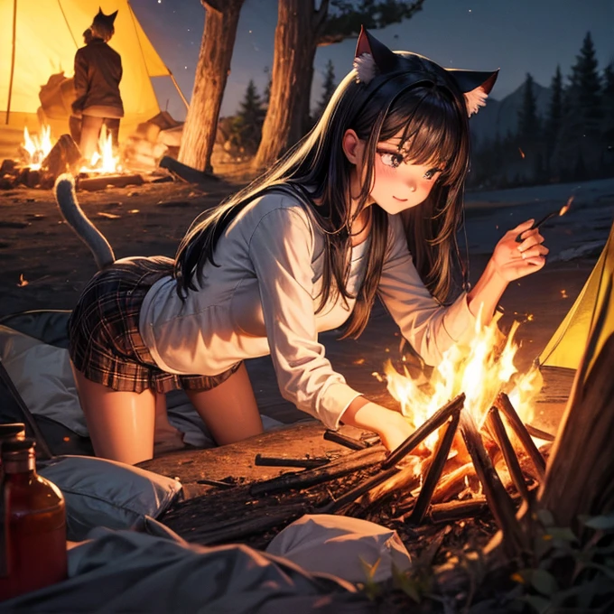 Cat ears　Black Hair　Camping　night　Bonfire　The tent is on fire