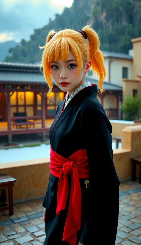 Temari from Naruto, medium shot from head to waist, wearing black kimono with red sash, Headband Hidden Sand Village, blonde four-ponytail hairstyle, rain droplets on clothes and face, Sunagakure desert buildings and walls in background, dramatic lighting, bokeh effects, hyperrealistic 3D render.