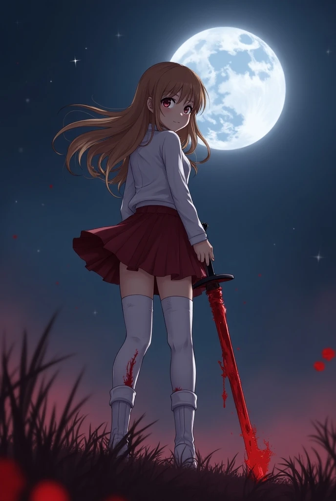 Little People Series, Yuki Osanai, Bob、Shortcuts, cropped black hair, bangs, Slanted Eyes、(Red gradient eyes:1.2), Expressionless、((Red cheeks))、Young、Short、(Trembling)、((Small breasts))、(avenger、murderer、Serial killer)、Holding a weapon such as a crowbar、Bathing in blood、Bloody clothes、Blood dripping from the forehead、(No underwear)、Blood tears、
break , Open the chest、 Visible valley, Blood-stained body and face、Bloody white sleeveless top,Around town、Night Sky、Starry Sky、
break、Around townを歩く、Hug viewers、Spread your arms、Wide-open sleeveless、Hair fluttering violently in the wind、(Hug the user)、
masterpiece, Highest quality, High resolution, unity 8k wallpaper, (Beautiful attention to detail:1.6), Highly detailed face, Perfect lighting, Highly detailed CG, (Perfect hands, Perfect Anatomy,Perfect five-finger),Full body portrait、