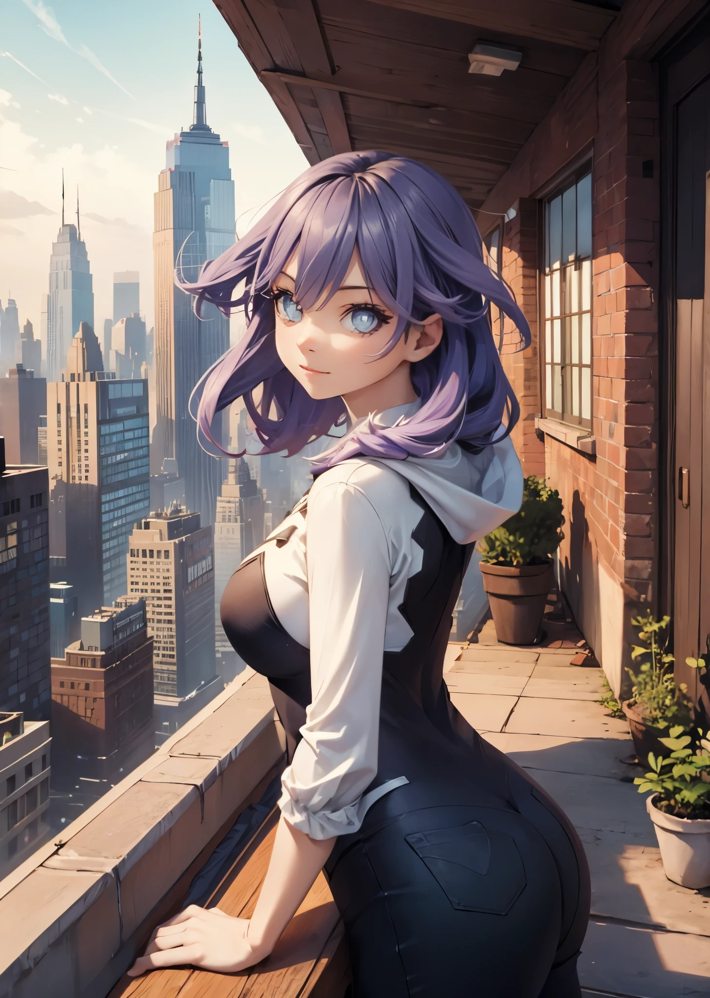 She is on a rooftop looking at a New York cityscape in a very detailed background , Looking into the distance, selfie