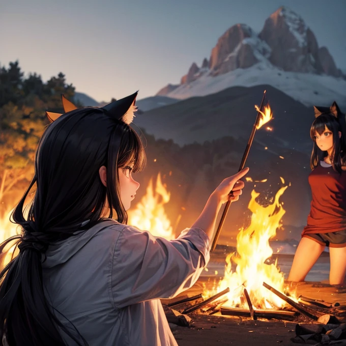 Cat ears　Black Hair　Camping　night　Bonfire　The tent in the back is on fire