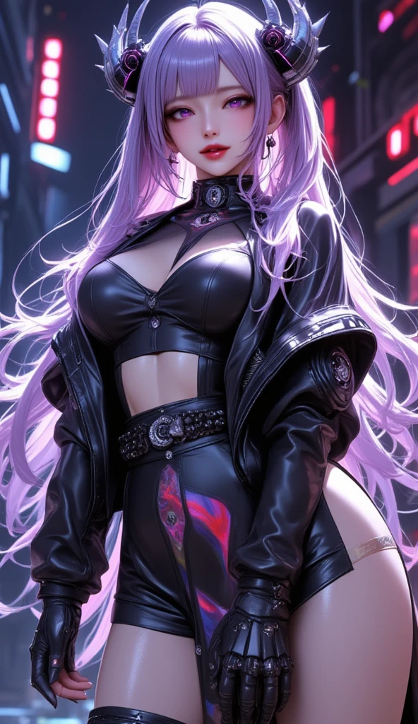 One young and beautiful woman,(Best Quality, very detailed depiction, unbelievably absurd high definition ,High quality anime drawings:2.0),(Actress in a cyber-inspired villain costume ),( Action Poses Like a Sci-fi Hero Show ),( The design combines futuristic and diabolical elements with classic maid features, villain style makeup with dark lipstick and eyeshadow , Cropped Jacket with Metal Shines and Epaulettes , Black Leathery High Neck Top ,Holographic pleated skirt with LED lights on the hem, Cyber Goggles or Glowing Hair Accessory , Metal Garter Belt or Chain belt , thick bottom platform shoes with glowing elements and mechanical details , red and neon blue accents based on metal silver and black , Strong cyberpunk feeling incorporating electronic lights and LEDs throughout the costume , Mechanical Horns Over Her Head , Mechanical Wings to Highlight a Cyberpunk Look ),(Purple Eyes, half closed eyes, bewitching smile:2.0, is opening his mouth),Full body image:2.0, standing:2.0