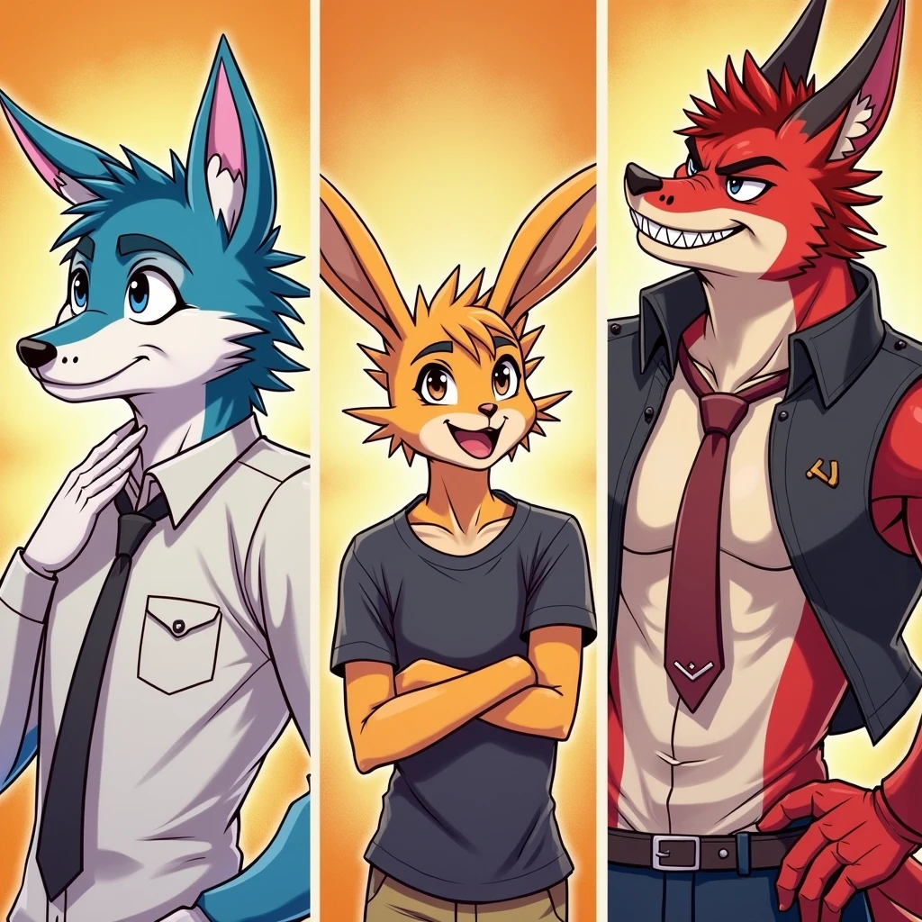 hoodie person with hair dye, mayor with the hoodie person laughing, and a red fox