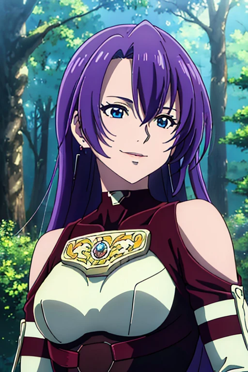 (masterpiece,Best Quality, 4K, 8k,  kampala, masterpiece:1.2), Super detailed, (Realistic, photoRealistic, photo-Realistic:1.37) , Arthur Pennsylvania from Shangri-La Frontier, must be created in anime style ,Her hair is purple ,Beautiful Hair,(Realisticな肌),smile,Beautiful Skin, Charming, beautiful details in her eyes ,Beautiful light blue eyes,( looking at the camera),forest,Sunshine spot 1.2,アートスタイルはCharmingなアニメスタイルに似ている, rendering, HDR must be added for better visual effects  ,Ultra delicate,  STUDIO LIGHTING , Fine painting,  sharp concentration, 物理ベースrendering, professional,  Vivid Colors,(((Best Quality))), ((Super detailed)),((masterpiece:1.5)), Detailed Photos, (Best Quality: 1.4), Ultra delicate, High image quality,Perfect means,Perfect body,Perfect means