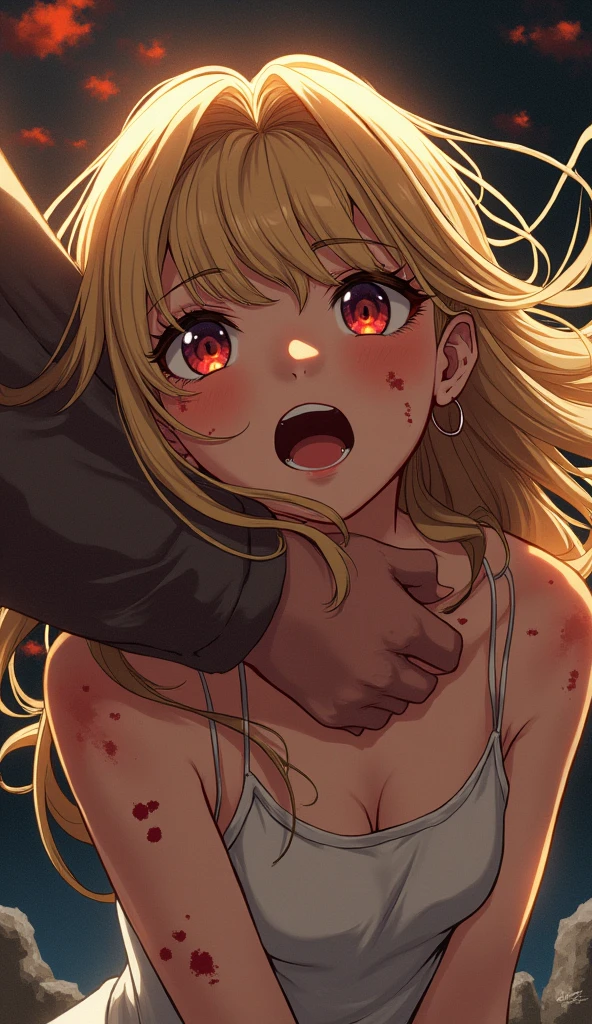 alpha,tall woman, long hair,blonde hair,blue eyes, long hair, purple eyes,naked,tied up,belts,black thights,arms behind back,gag,ball gag,sex toys,vibrator,tape bound,collar,sex,cum,sweat,orgasm,rolling eyes,stumps,pireced with needles,electrickshock,blood,bruises,sespair,fear,suffer,shock