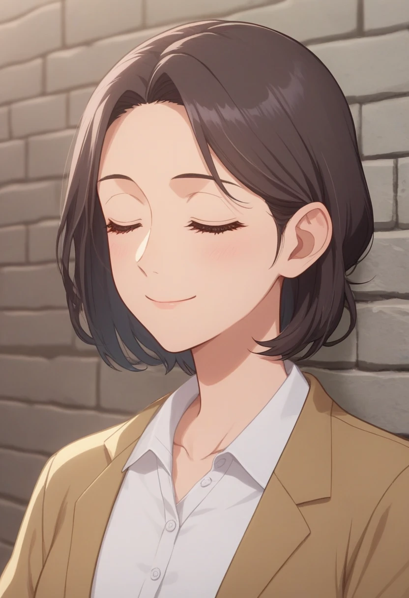 score_9, score_8_up, score_7_up, source_anime, rating_safe, intricate details, anime screencap, official style, 1girl, falin, closed eyes, medium hair, mature woman, medium breasts, brick wall background, frontal view, standing, collared shirt, upper body, smile, collarbone