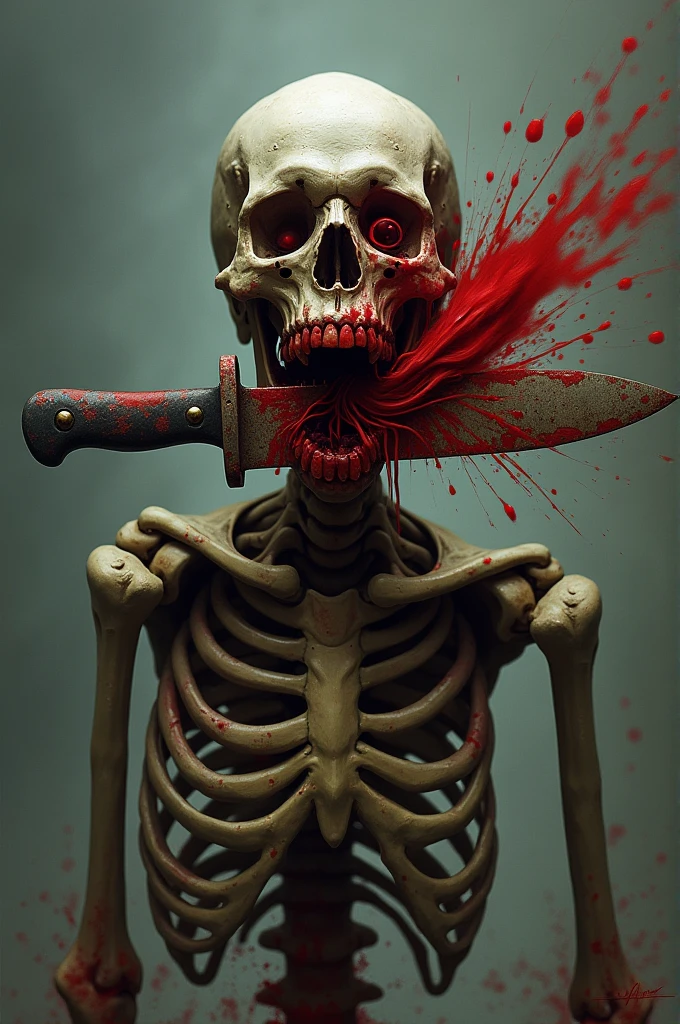 A human skull with a broken gas mask A knife with blood on a dark background ( discographic image)