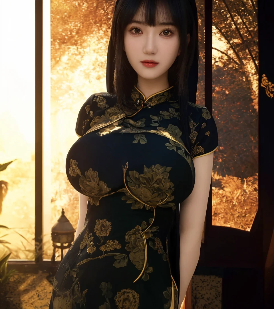 an east asian girl, (cute face:1), (lewd face:1), intricate face details, detailed face, golden ratio face, ((huge breasts:1)), ((large breasts:1)), ((giant breasts:1)), ((big breasts:1)), ((slim waist:1)), ((big butt:1)), ((big hip:1)), ((big thighs:1)), ((thick thighs:1)), ((intricate hands:1)), ((detailled hands:1)), ((intricate feets:1)), ((detailled feets:1)), (polished skin:1.3), (sweaty:1), (thicc:1), (erotic:1), (perverted:1), (she is sexually aroused:1), (full body:1), (look at viewer:1.3), K, UHD, HDR, global illumination, (high quality, high detailed, hyper detailed, extremely detailed), photo realistic, ultra realistic, art photo, (clarify the details, detailed parts body), intricate artwork masterpiece, trending on artstation, (horny face:1), massive mommy milker, (dark red eyes:1.3), standing, (2 red Chinese hairpins:1.3), (black and dark red hair:1.3), Chinese hallway, wood floor, Chinese lamp, black cheongsam, tight clothes, buns hair