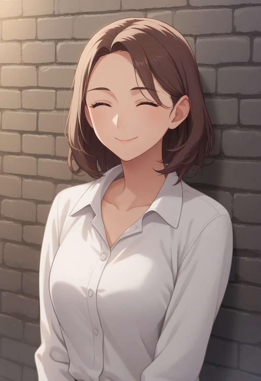 score_9, score_8_up, score_7_up, source_anime, rating_safe, intricate details, anime screencap, official style, 1girl, falin, closed eyes, medium hair, mature woman, medium breasts, brick wall background, frontal view, standing, collared shirt, upper body, smile, collarbone