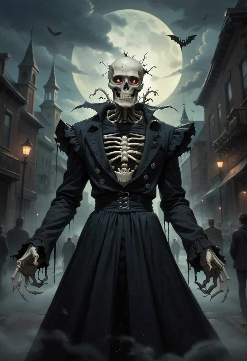 (master piece), 8k, best quality, panoramic view, full body view, undead, post-apocalyptic, dark fantasy, highly detailed, surreal, cinematic lighting, dramatic shadows, moody colors, desaturated, gritty, ruined city, crumbling buildings, abandoned streets, decaying vegetation, fog, atmospheric, eerie, haunting, ominous, unsettling, horror, twisted, macabre, gothic, decaying flesh, skeletal features, glowing red eyes, tattered clothing, weathered skin, bony hands, sharp claws, menacing presence, ominous atmosphere